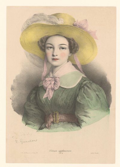 Retrato de una mujer joven con sombrero de plumas y pajarita
Retratos (título de la serie)
Portraits supplementaires (título de la serie en el objeto) de Henri Grevedon