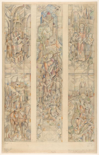 Cartón de diseño para una vidriera, en el nuevo edificio Gouvernements de Maastricht (título original en el objeto) de Henri Jonas (signed by artist)