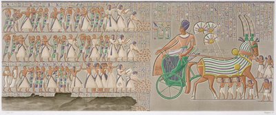 Relieves coloreados de la galería sur del peristilo del palacio, lámina 12 del volumen II de `Descripciones de Egipto`, grabado por Antoine Phelippeaux (n.1767) 1822 (aguatinta) de Henri Joseph (after) Redoute
