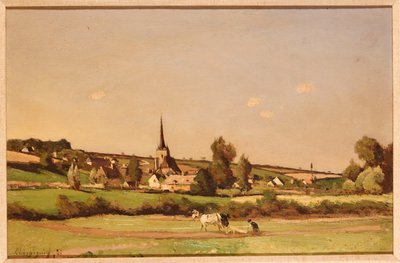 Un paisaje extenso con un labrador y un pueblo al fondo de Henri Joseph Harpignies