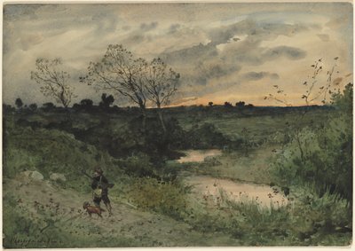 Amanecer: cazador con perro de Henri Joseph Harpignies