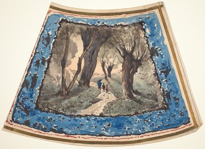 Viajeros en un sendero boscoso con un borde de figuras caprichosas y monos de Henri Joseph Harpignies