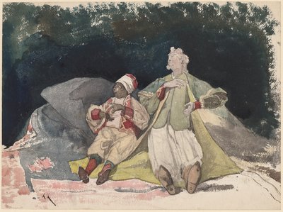 Dos muñecas o marionetas sentadas en cojines de Henri Joseph Harpignies