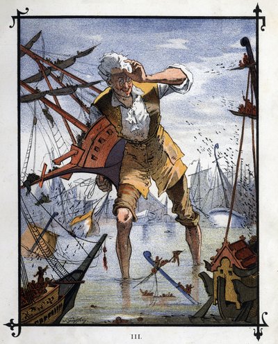 Lemuel Gulliver en el centro de una batalla naval entre los barcos de Lilliput y Blefuscu. Ilustración de “Los viajes de Gulliver” de Jonathan Swift (1667-1745) de Henri Jules Jean Geoffroy