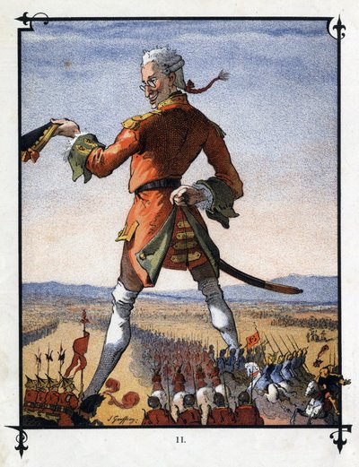 Lemuel Gulliver comanda el ejército de los liliputienses. Ilustración para 