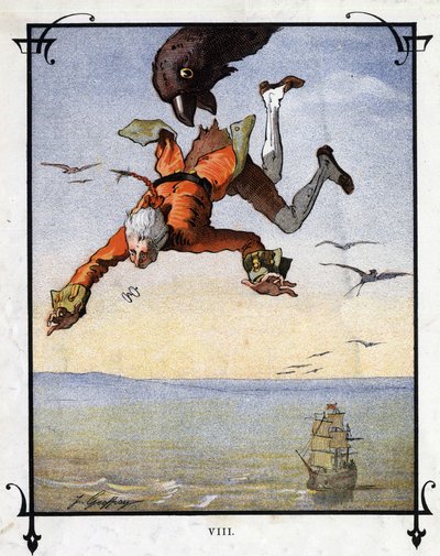 Lemuel Gulliver es llevado por un águila. Ilustración para “Los Viajes de Gulliver” por Jonathan Swift (1667-1745) de Henri Jules Jean Geoffroy