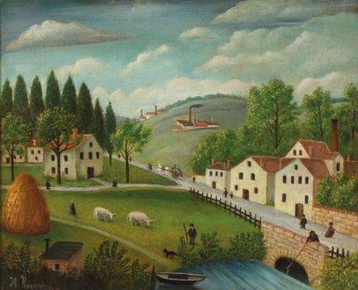 Paisaje pastoral con arroyo, pescador y paseantes de Henri Julien Félix Rousseau