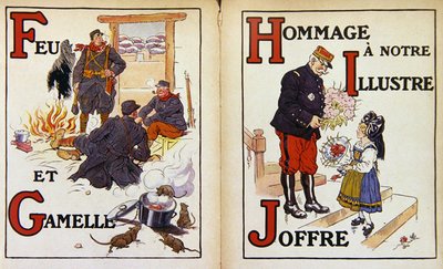 El fuego y la lata del comedor, y el homenaje al mariscal Joffre, ilustración de "Alphabet de la Guerre de Henri Lanos