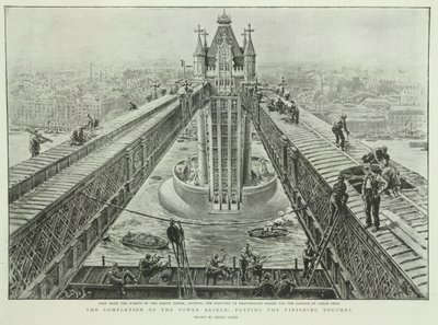 La finalización del Tower Bridge: dando los últimos toques, de The Graphic, 23 de junio de 1894 (grabado) de Henri Lanos