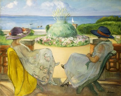Dos jóvenes mujeres en una terraza junto al mar de Henri Lebasque