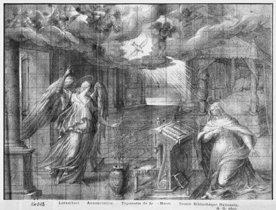 Vida de Cristo, Anunciación, estudio preparatorio de cartón de tapiz para la Iglesia Saint-Merri en París, c.1585-90 de Henri Lerambert