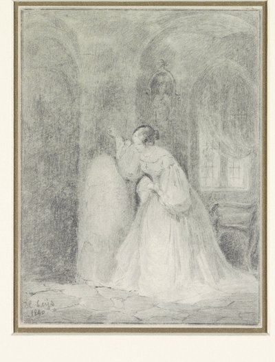 Interior con una mujer joven apoyada en una columna de Henri Leys (baron)