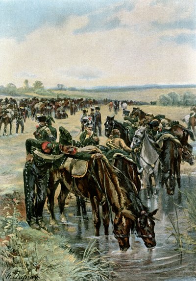 El coronel Castex alimenta a los caballos antes de una carga de Henri Louis Dupray