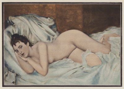 Mujer desnuda en una cama (litografia en color) de Henri Lucien (after) Doucet