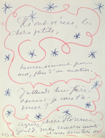 Carta del pintor a Florence Gould (n.1895), 29 de julio de 1948 (pluma y lápiz sobre papel) de Henri Matisse