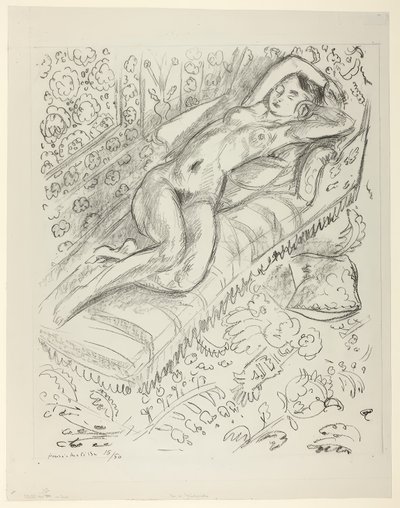 Desnudo descansando en una tumbona con fondo de mashrabiya de Henri Matisse