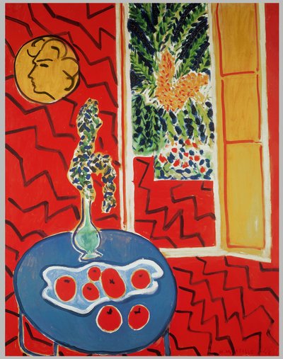 Interior rojo: Naturaleza muerta sobre una mesa azul de Henri Matisse