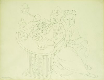 Mujer sentada con un jarrón de tulipanes de Henri Matisse