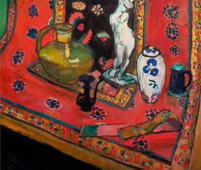 Estatuilla y jarrones sobre alfombra oriental de Henri Matisse