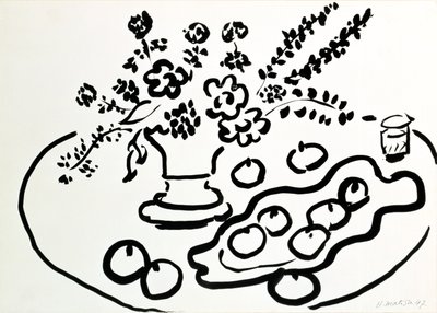 Bodegón con jarrón de flores y plato de fruta de Henri Matisse