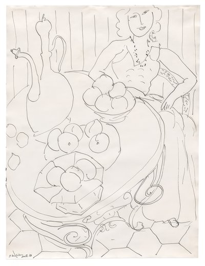 Mujer sentada a la mesa con fruta y jarra de Henri Matisse