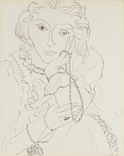 Mujer con camisa de volantes y collar de perlas de Henri Matisse
