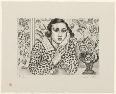 Joven inclinada junto a un biombo floreado de Henri Matisse