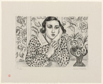Niña apoyada junto a un biombo con motivos florales de Henri Matisse