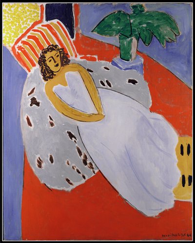 Mujer joven de blanco, fondo rojo de Henri Matisse