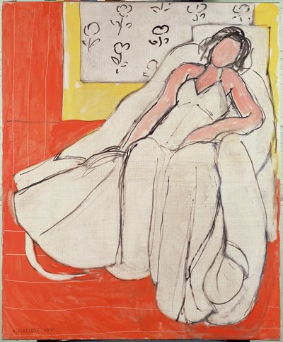 Mujer joven vestida de blanco con fondo rojo de Henri Matisse