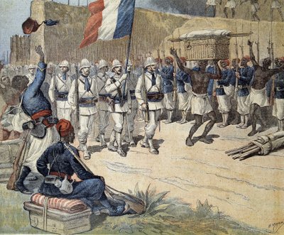 En Dahomey (ahora Benín): entrada de la bandera francesa en Abomey - en “Le Petit Journal” del 10/12/1892 de Henri Meyer
