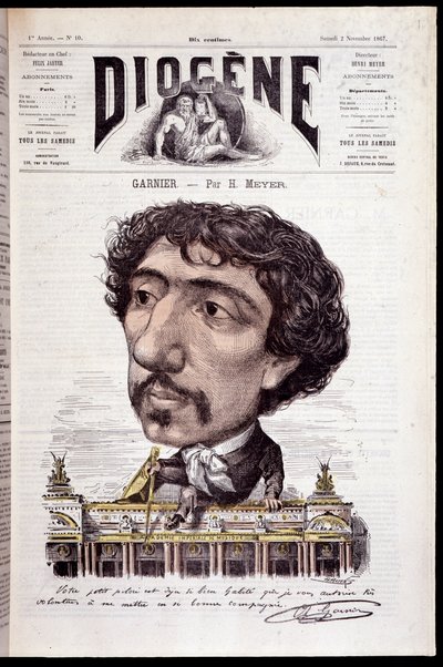 Caricatura de Charles Garnier, sentado en su obra, la Ópera Garnier - en “Diógenes” del 02/11/1867 de Henri Meyer