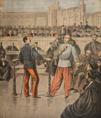 El coronel Henry y el teniente coronel Picquart hablando ante el Tribunal de Asises, ilustración de 