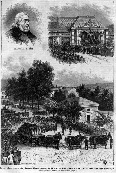 Muerte de Léon Gambetta (1838-1882) político francés - Los funerales de Léon Gambetta en Niza - la estación de Niza - salida del cortejo - en 