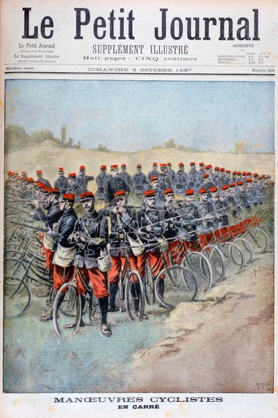 Cuerpo de bicicletas del ejército francés en una plaza durante maniobras, Francia, 1897 de Henri Meyer
