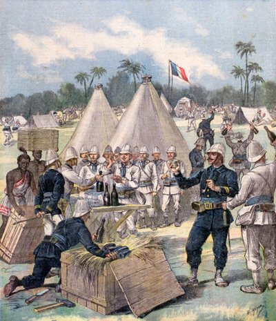 Soldados franceses abriendo cajas de regalos de Año Nuevo en Dahomey, África, 1892 de Henri Meyer