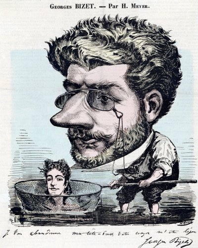 Georges Bizet (1838-1875), compositor francés - Caricatura, con un autógrafo de Bizet, por Henri Meyer dit Reyem (1844-1899) para “Diógenes” de Henri Meyer