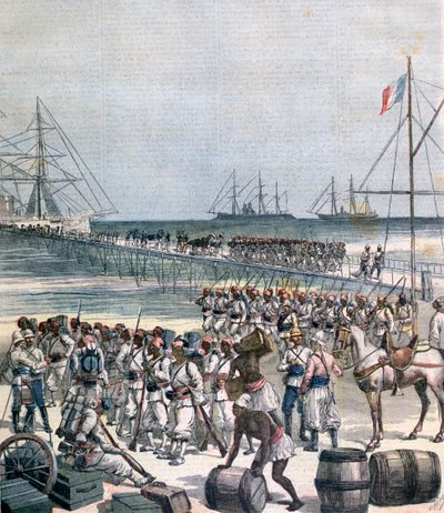 Desembarco de las tropas senegalesas en el nuevo muelle de Cotonou, Benín, 1892 de Henri Meyer