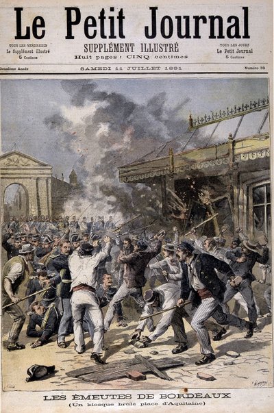 Los disturbios de Burdeos: un quiosco quemado en la plaza de Aquitania - en “Le Petite Journal” del 11/07/1891 de Henri Meyer