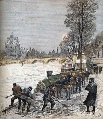 París bajo la nieve en 1895 Pequeño periódico de 1895 (grabado) de Henri Meyer