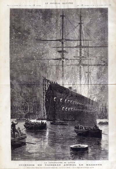 El desastre de Toulon: el incendio del buque insignia "Le Magenta" - en "Le Journal Illustré" 1875 de Henri Meyer