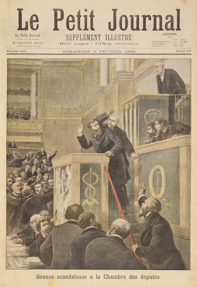 Página de título que representa la escandalosa reunión de la Cámara de Diputados: Jean Jaurès atacado por Bernis durante un debate sobre el caso Dreyfus, ilustración del suplemento ilustrado de Le Petit Journal de Henri Meyer