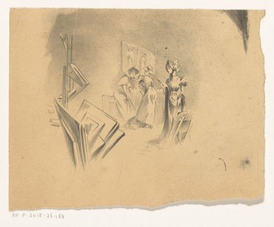 Tres mujeres ven grabados en un estudio de Henri Patrice Dillon (possibly)