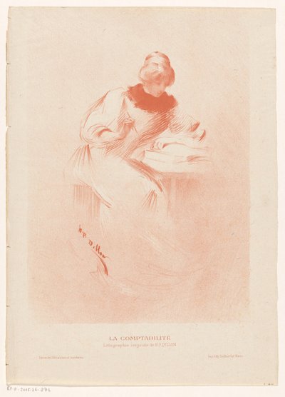 Mujer detrás de una mesa con un libro abierto y un bolígrafo en la mano
La comptabilité (título sobre el objeto) de Henri Patrice Dillon