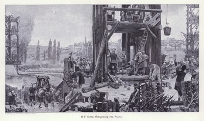 Sitio de Alesia, Galia, 52 a.C., Ilustración de Moderne Kunst in Meister-Holzschnitten (Richard Bong, Berlín, c. 1904) de Henri Paul (after) Motte