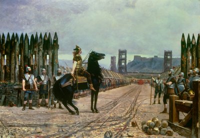 El líder galo Vercingétorix rindiéndose al jefe romano Julio César después de la Batalla de Alesia en 52 a.C. de Henri Paul Motte