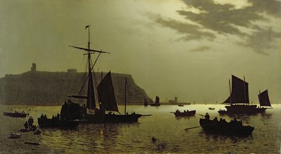 Colina y puerto del castillo de Scarborough a la luz de la luna, 1876 de Henri Philippe Neumans