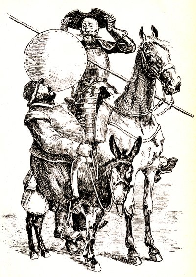 Don Quijote en su caballo, junto a Sancho en su burro de Henri Pille