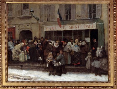 Cantina municipal durante el asedio de París en 1870 Los parisinos se apresuran frente a una cantina municipal en el momento del asedio de la ciudad por los prusianos. Pintura de Henri Pille (1844-1897) de Henri Pille
