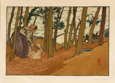 Mujer recogiendo agujas de pino (Orillas del Trieux, Loguivy) de Henri Rivière